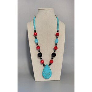 Faux Turquoise Tear Drop Pendanrt Graduated Beaded Red Black Glass? Necklace N1F